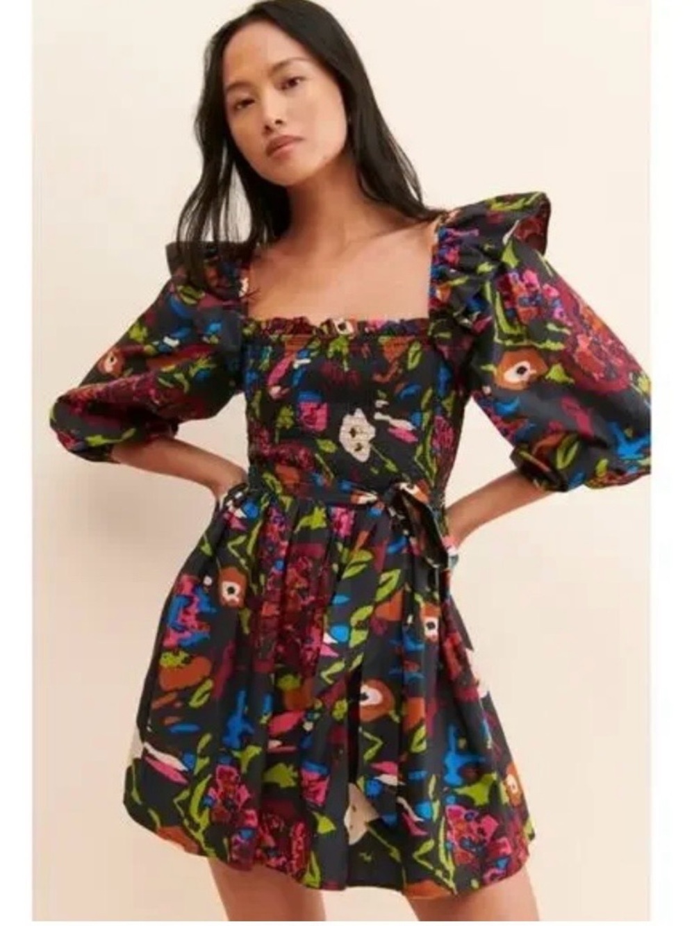 Cleobella Black Multi Floral Square-Neck Puff Sleeve Mini Dress Sz M